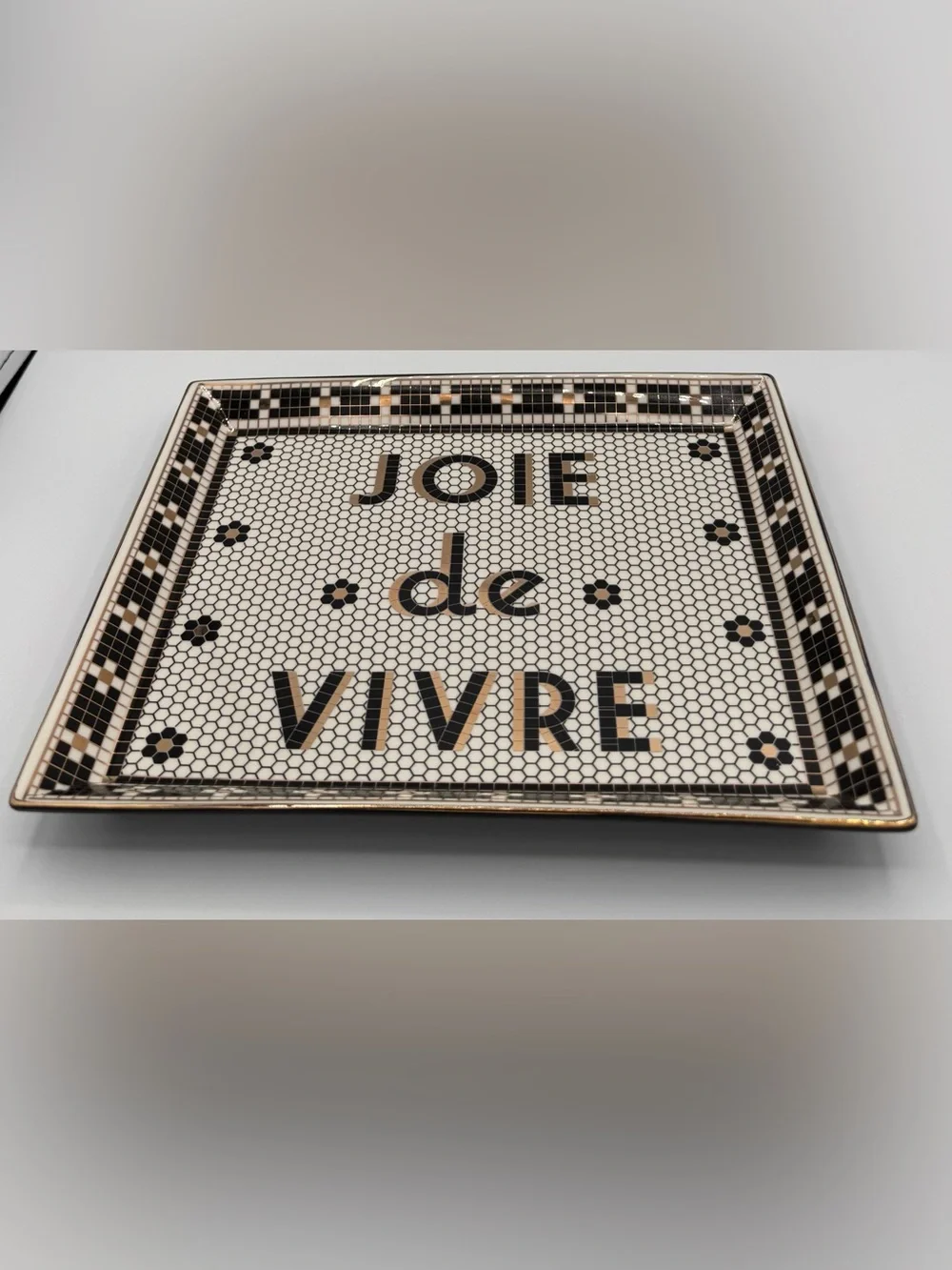 Anthropologie Bistro Tile Stoneware 24k Gold Accent Tray, JOIE de VIVRE